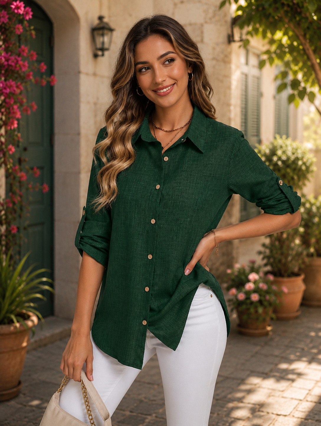 Chemise boutonnée à manches longues de couleur unie