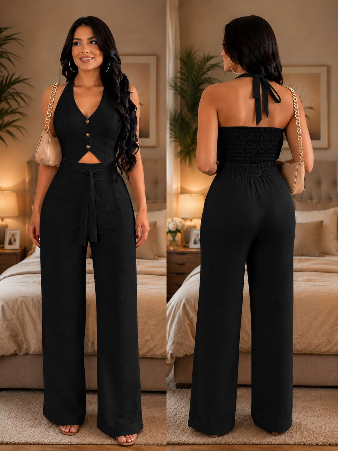 Ensemble Gilet Sans Manches & Pantalon Taille Haute Élégant