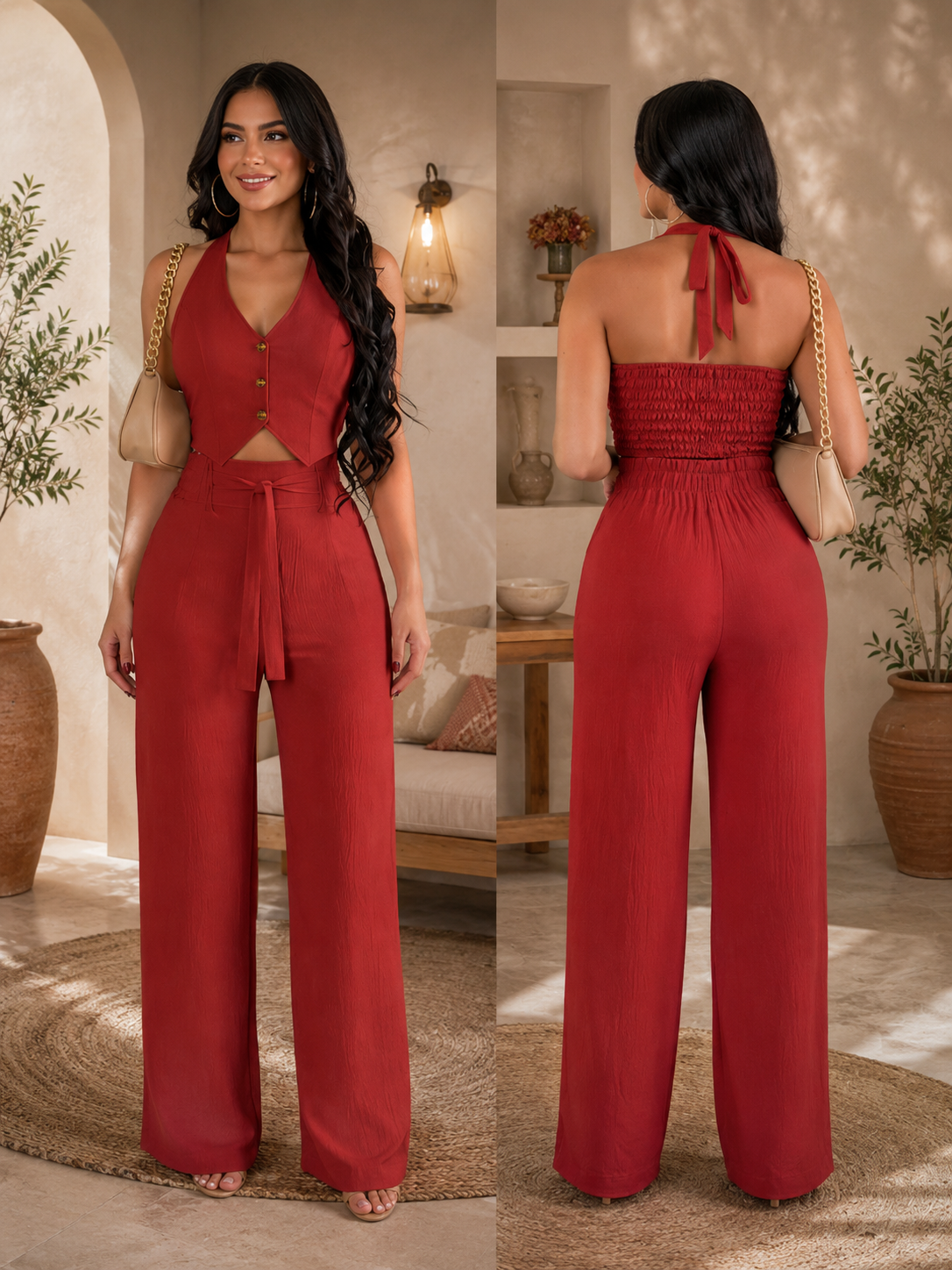 Ensemble Gilet Sans Manches & Pantalon Taille Haute Élégant