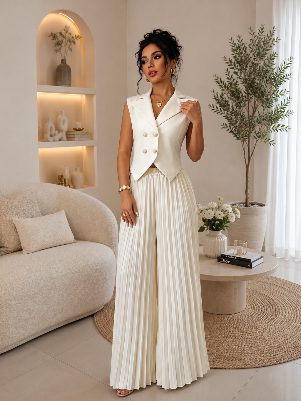 Ensemble femme chic 2 pièces – Gilet sans manches & pantalon plissé