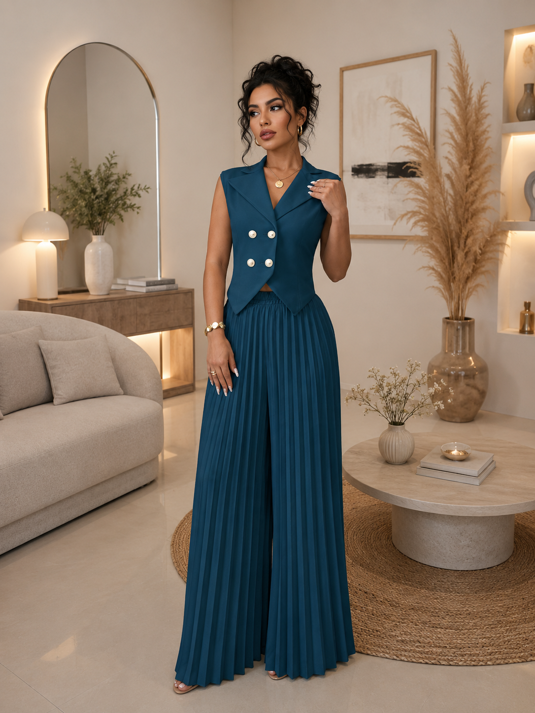 Ensemble femme chic 2 pièces – Gilet sans manches & pantalon plissé
