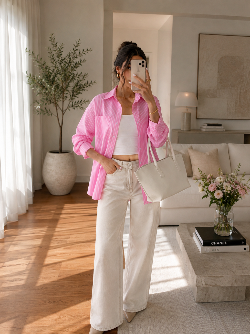 Chemise rose rayée – Coupe ample décontractée & élégante