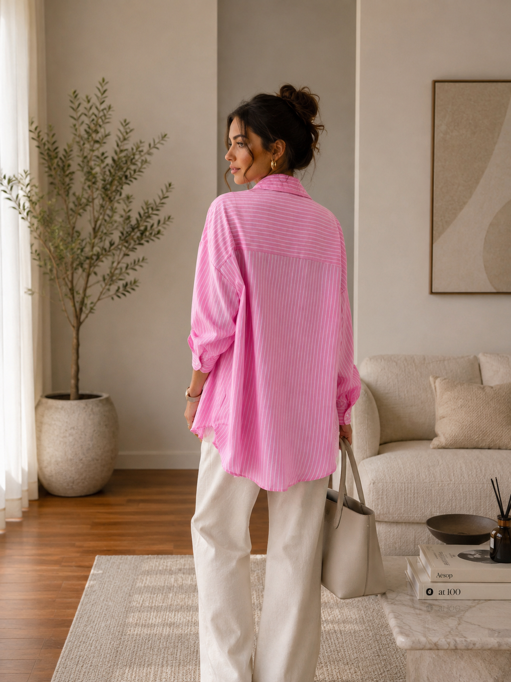 Chemise rose rayée – Coupe ample décontractée & élégante