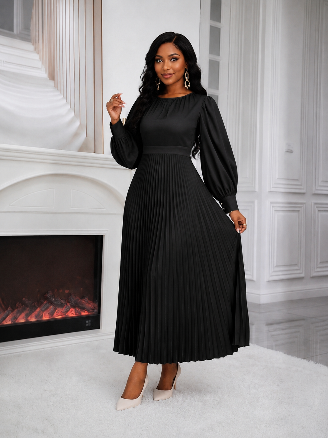 Robe plissée à manches longues