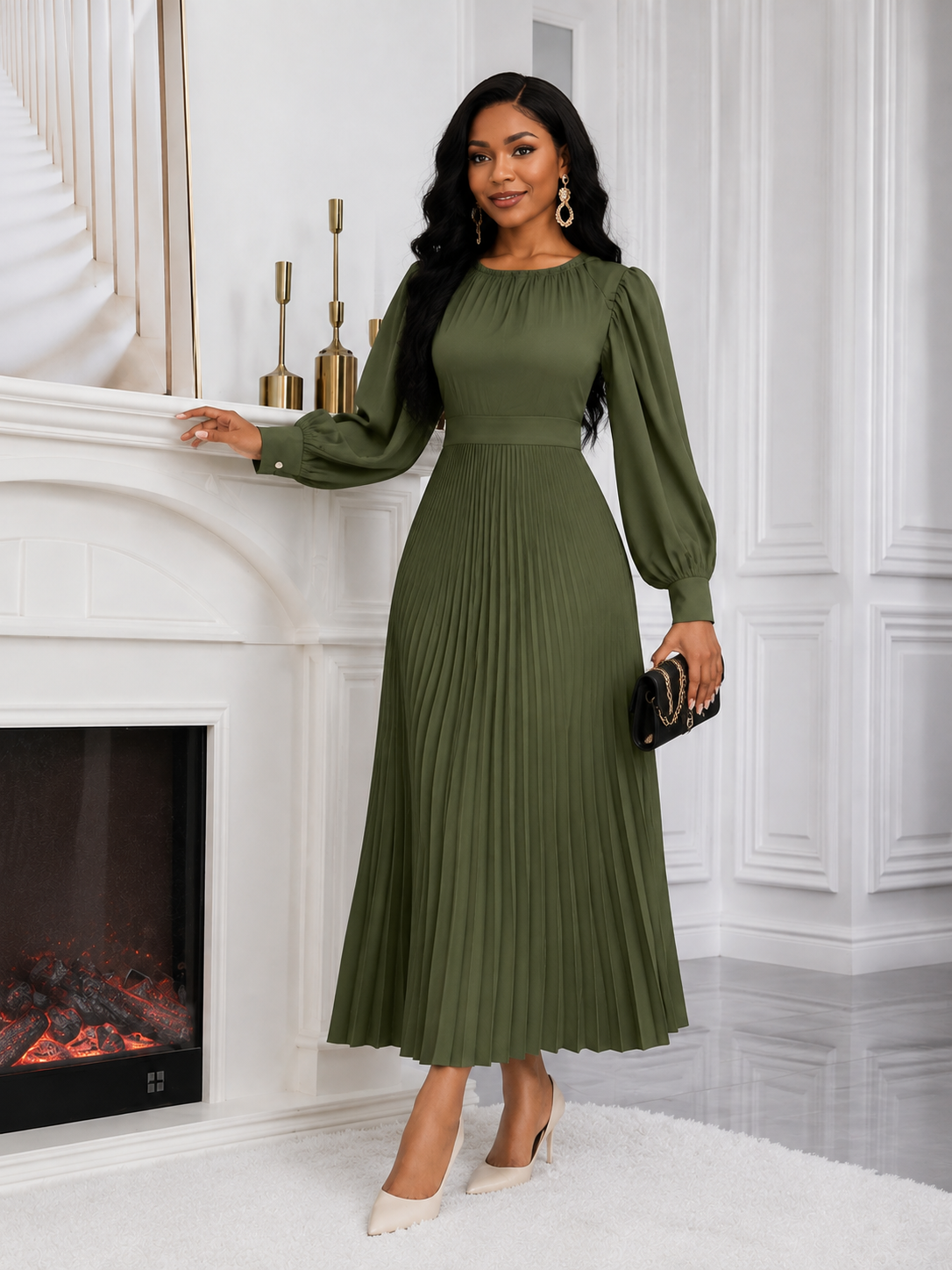Robe plissée à manches longues