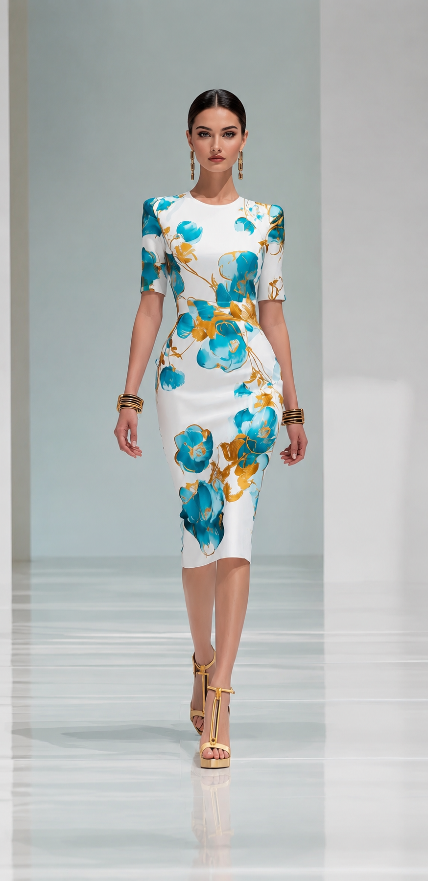 Robe midi fleurie bleu ciel – Élégante & féminine